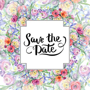 Pembe ve kırmızı buket çiçek botanik çiçekler. Suluboya arka plan illüstrasyon küme. Çerçeve kenarlığı süsleme Meydanı.