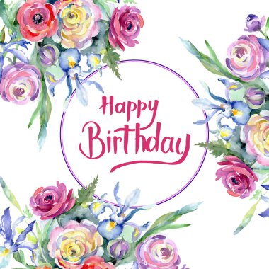 Pembe ve kırmızı buket çiçek botanik çiçekler. Suluboya arka plan illüstrasyon küme. Çerçeve kenarlığı süsleme Meydanı.