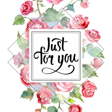 Kırmızı gül buketi çiçek botanik çiçekler. Suluboya arka plan illüstrasyon küme. Çerçeve kenarlığı süsleme Meydanı.