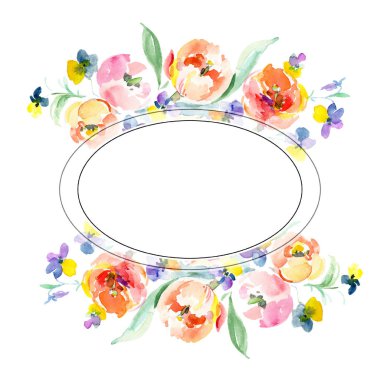 Pembe buket çiçek botanik çiçek gül. Suluboya arka plan illüstrasyon küme. Çerçeve kenarlığı süsleme Meydanı.