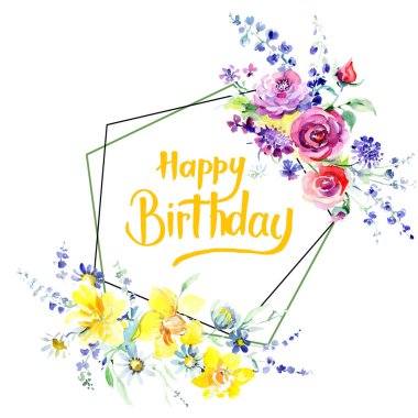 Pembe gül buketi botanik çiçek. Suluboya arka plan illüstrasyon küme. Çerçeve kenarlığı kristal süsleme Meydanı.