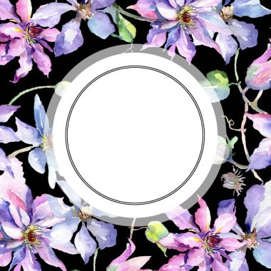 Mavi menekşe akasma buket botanik çiçek. Suluboya arka plan illüstrasyon küme. Çerçeve kenarlığı süsleme Meydanı.