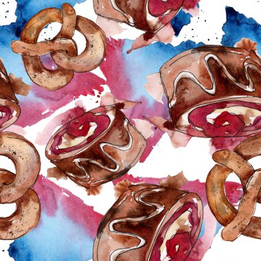 Lezzetli pasta ve çörek suluboya tarzında. Suluboya resim ayarlayın. Sorunsuz arka plan deseni.