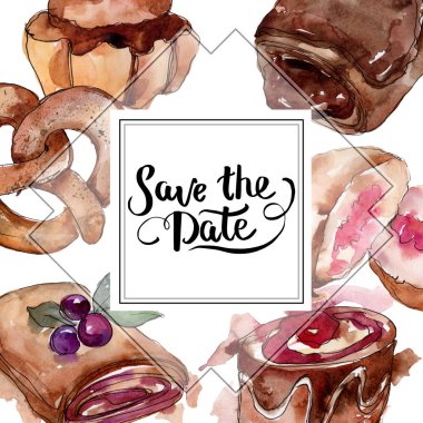 Lezzetli pasta ve çörek suluboya tarzında. Suluboya backgriund şekilde ayarla. Çerçeve kenarlığı süsleme Meydanı.