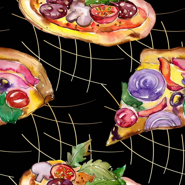 Fast food pizza italiana em um estilo aquarela conjunto isolado. Padrão de fundo sem costura aquarela . — Fotografia de Stock