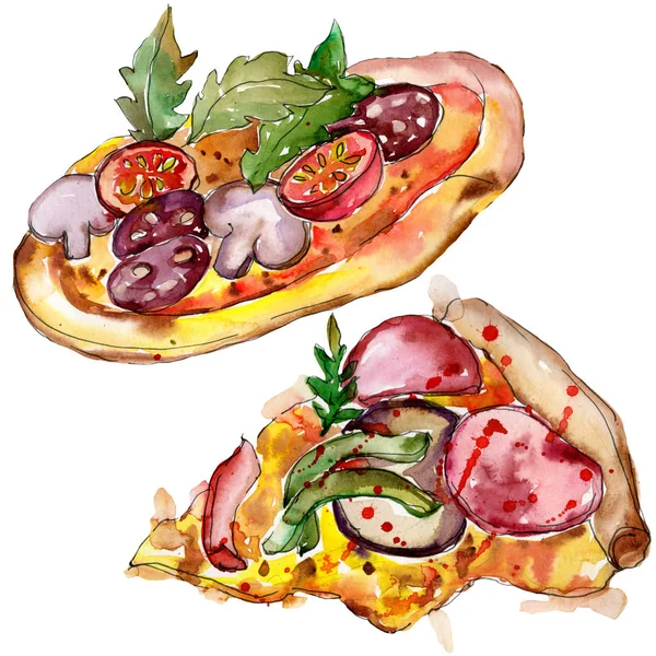 Rychlé občerstvení pizza itallian ve stylu akvarelu sada. Aquarelle jídlo obrázek pro pozadí. Izolované pizza prvek. — Stock fotografie