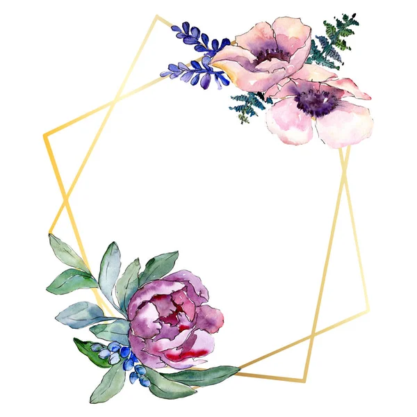 Bouquet violet fleur botanique florale. Ensemble d'illustration de fond aquarelle. Cadre bordure ornement carré . — Photo