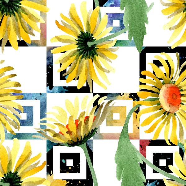 Sarı papatya çiçek botanik çiçekler. Suluboya arka plan illüstrasyon küme. Sorunsuz arka plan deseni. — Stok fotoğraf