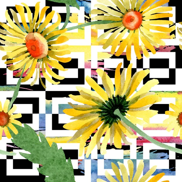 黄色のデイジー花植物の花。水彩画背景イラスト セット。シームレスな背景パターン. — ストック写真