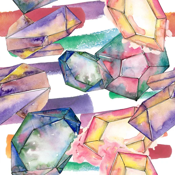 Színes gyémánt rock ékszerek ásványi anyagok. Akvarell kristály kő háttér beállítása. Varratmentes háttérben minta. — Stock Fotó