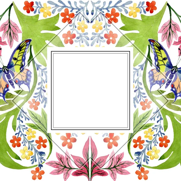 Ornament orange und gelbe botanische Blüten. Aquarell Hintergrundillustration Set. Rahmen Rand Ornament Quadrat. — Stockfoto