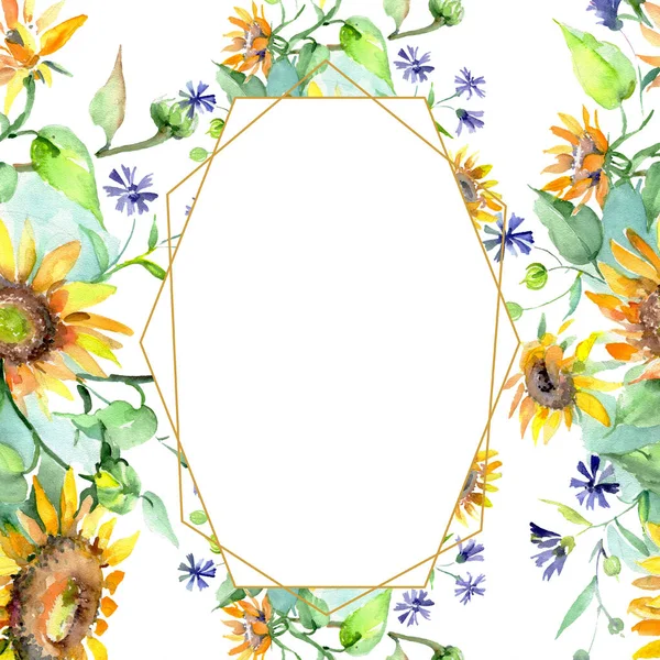 Bouquet de tournesol fleurs botaniques florales. Ensemble d'illustration de fond aquarelle. Cadre bordure ornement carré . — Photo