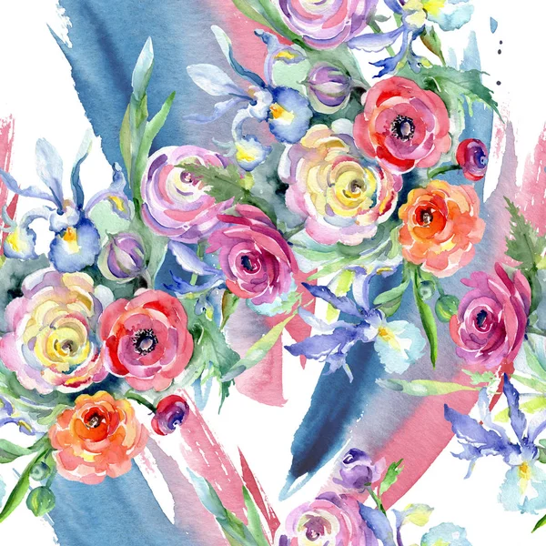 粉红色和红色花束花卉植物花。水彩背景插图集。无缝的背景模式. — 图库照片