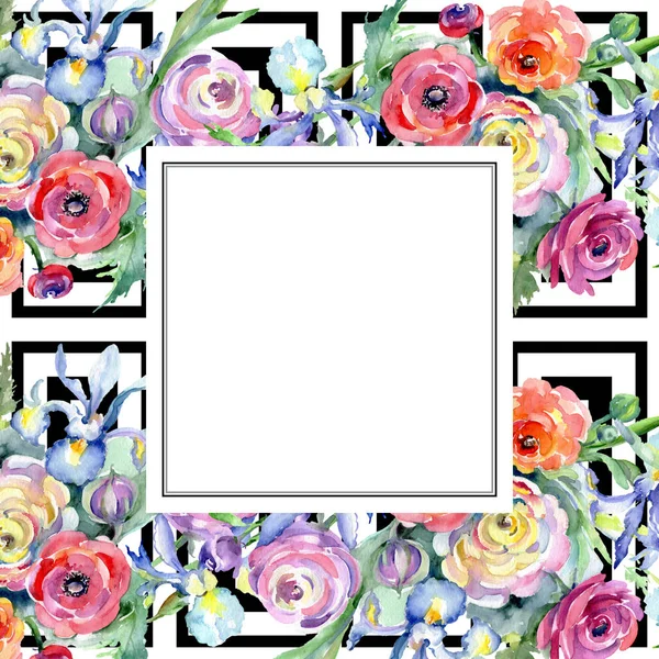 Fiori botanici floreali rosa e rosso bouquet. Acquerello sfondo illustrazione set. Quadrato ornamento bordo cornice . — Foto Stock