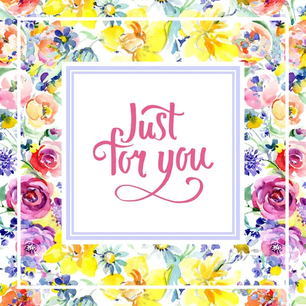 Rosa rosa buquê flores botânicas florais. Conjunto de ilustração de fundo aquarela. Quadro borda ornamento quadrado . — Fotografia de Stock
