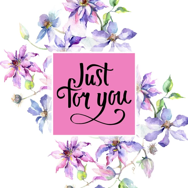 Azul violeta clematis buquê flores botânicas. Conjunto de ilustração de fundo aquarela. Quadro borda ornamento quadrado . — Fotografia de Stock