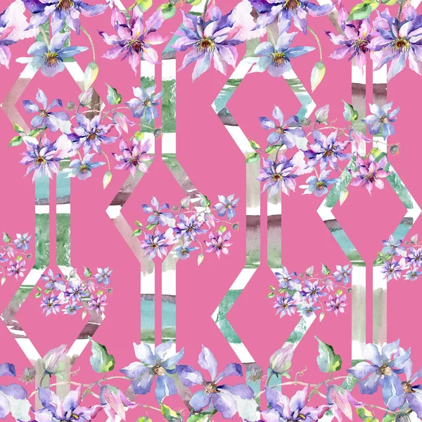 Powojnik fioletowy niebieski bukiet kwiatowy kwiaty botanicznych. Akwarela, ilustracja zestaw. Bezszwowe tło wzór. — Zdjęcie stockowe