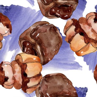 Lezzetli pasta ve çörek suluboya tarzında. Suluboya resim ayarlayın. Sorunsuz arka plan deseni.