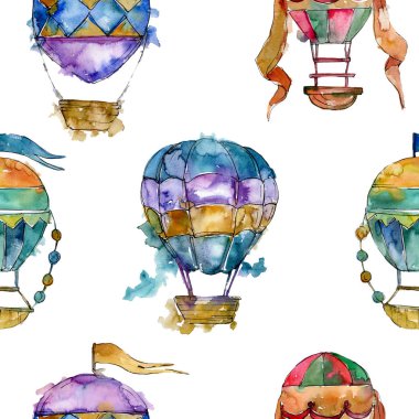 Sıcak hava balon arka plan fly hava taşımacılığı. Suluboya arka plan ayarlamak. Sorunsuz arka plan deseni.