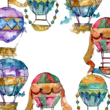 Sıcak hava balon arka plan fly hava taşımacılığı. Suluboya arka plan illüstrasyon küme. Çerçeve kenarlığı süsleme Meydanı.