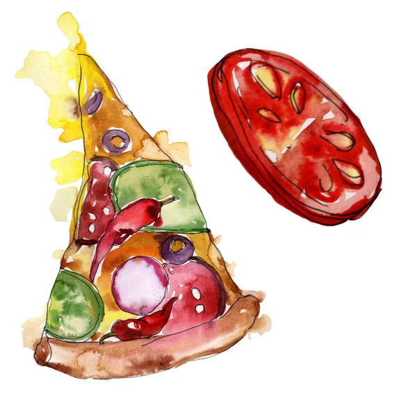 Szybkie jedzenie włoskie pizza w stylu przypominającym akwarele na białym tle. Aquarelle tło ilustracja jedzenie. Element na białym tle pizza. — Zdjęcie stockowe