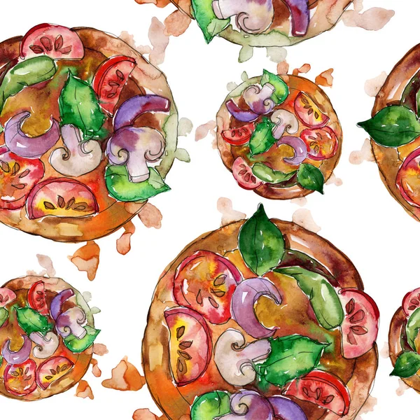 वॉटरकलर शैलीत वेगवान अन्न इटालियन पिझ्झा वेगळ्या सेटमध्ये. जल रंग अखंड पार्श्वभूमी नमुना . — स्टॉक फोटो, इमेज