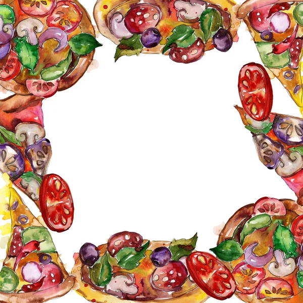 Pizza italiana de comida rápida en un conjunto de estilo acuarela. Acuarela fondo dibujado a mano. Marco borde ornamento cuadrado . — Foto de Stock