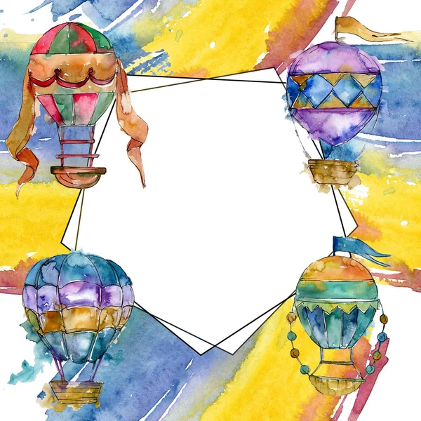 Hot air balloon background fly air transport. Watercolor background illustration set. Frame border ornament square. — Stock Photo, Image