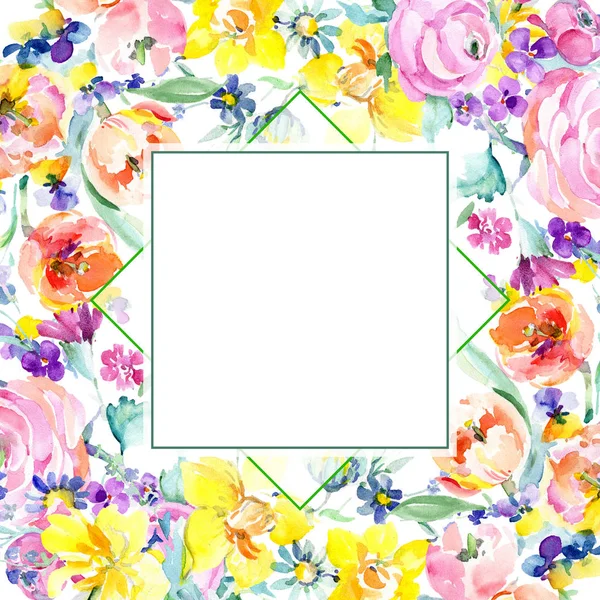 Rosa rosa ramo de flores botánicas florales. Conjunto de ilustración de fondo acuarela. Marco borde ornamento cuadrado . — Foto de Stock