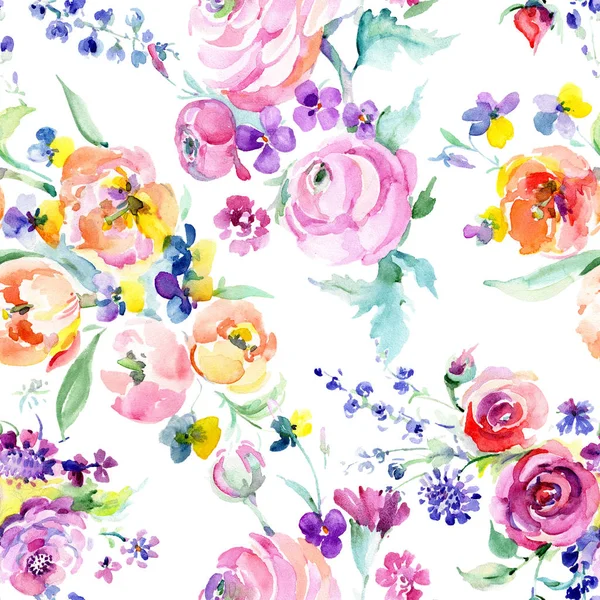 Rosa rosa ramo de flores botánicas florales. Conjunto de ilustración de fondo acuarela. Patrón de fondo sin costuras . — Foto de Stock