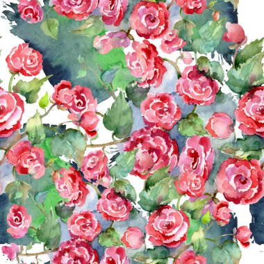 Kırmızı gül buketi çiçek botanik çiçekler. Suluboya arka plan illüstrasyon küme. Sorunsuz arka plan deseni.