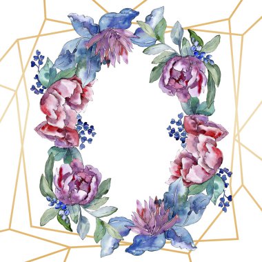 Mor buket botanik çiçek. Suluboya arka plan illüstrasyon küme. Çerçeve kenarlığı süsleme Meydanı.