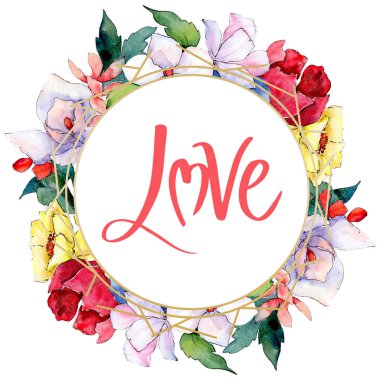 Buketler çiçek botanik çiçekler. Suluboya arka plan illüstrasyon küme. Çerçeve kenarlığı kristal süsleme Meydanı.