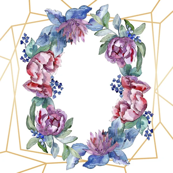 Buquê roxo flor botânica floral. Conjunto de ilustração de fundo aquarela. Quadro borda ornamento quadrado . — Fotografia de Stock