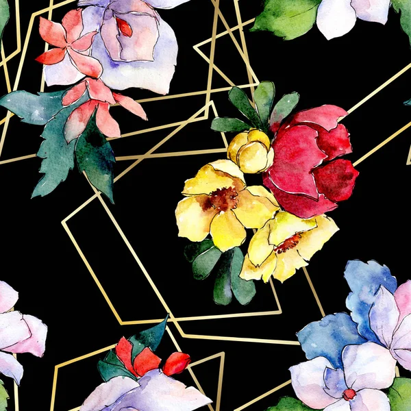 花束花植物の花。野生春葉が分離されました。水彩イラスト セット。シームレスな背景パターン. — ストック写真