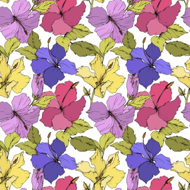 Vektör Hibiscus çiçek botanik çiçek. Oyulmuş mürekkep sanat. Sorunsuz arka plan deseni. Kumaş duvar kağıdı yazdırma doku.