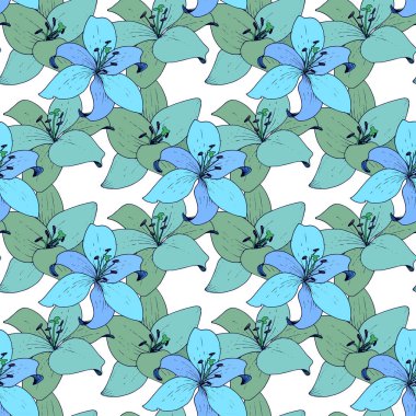 Vektör Lily botanik çiçek. Oyulmuş mürekkep sanat. Sorunsuz arka plan deseni. Kumaş duvar kağıdı yazdırma doku.