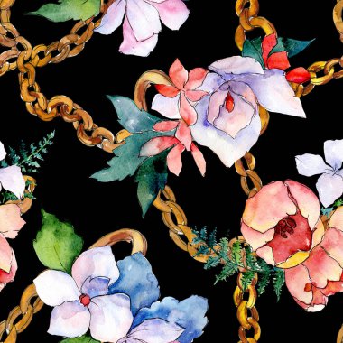 Buketler çiçek botanik çiçekler. Vahşi bahar yaprak izole. Suluboya resim kümesi. Sorunsuz arka plan deseni.