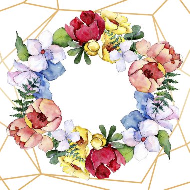 Buketler çiçek botanik çiçekler. Suluboya arka plan illüstrasyon küme. Çerçeve kenarlığı kristal süsleme Meydanı.