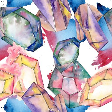 Renkli elmas taş takı mineraller. Suluboya kristal taş arka plan ayarlayın. Sorunsuz arka plan deseni.