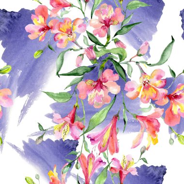 Pembe alstroemeria buket. Botanik çiçek. Suluboya arka plan illüstrasyon küme. Sorunsuz arka plan deseni.