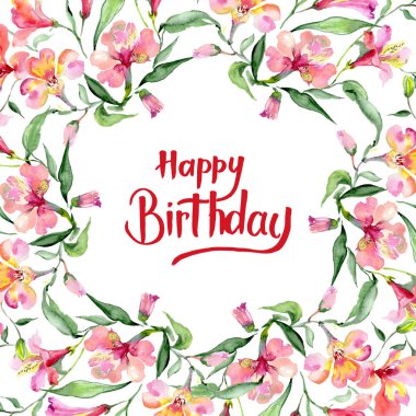 Pembe alstroemeria buket botanik çiçek. Suluboya arka plan illüstrasyon küme. Çerçeve kenarlığı süsleme Meydanı.