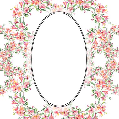 Pembe alstroemeria buket botanik çiçek. Suluboya arka plan illüstrasyon küme. Çerçeve kenarlığı süsleme Meydanı.