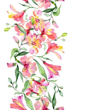 Pembe alstroemeria buket. Botanik çiçek. Suluboya arka plan illüstrasyon küme. Sorunsuz arka plan deseni.