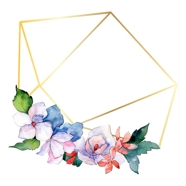 부케 꽃 식물 꽃입니다. 수채화 배경 그림 설정 합니다. 프레임 테두리 크리스탈 장식 스퀘어. — 스톡 사진