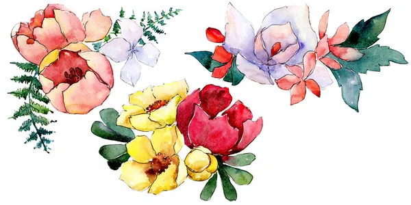 Μπουκέτα λουλουδιών βοτανικό λουλούδια. Ακουαρέλα φόντο εικόνα σύνολο. Απομονωμένη μπουκέτο εικονογράφηση στοιχείο. — Φωτογραφία Αρχείου
