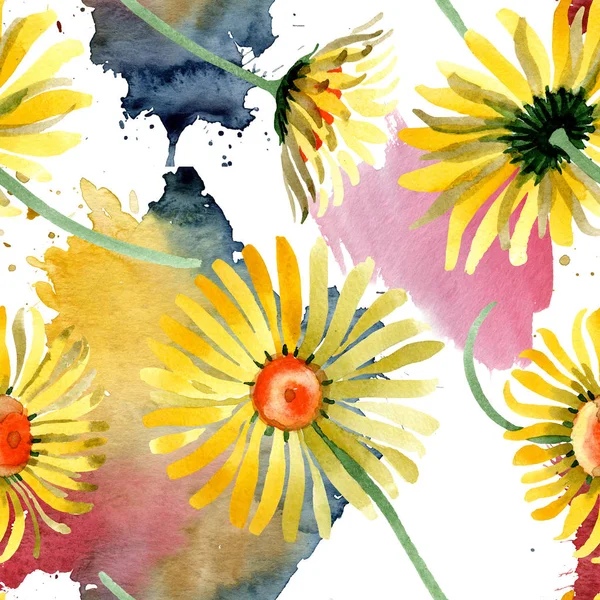 Yellow daisy floral botanical flowers. Watercolor background illustration set. Seamless background pattern. — Stock Photo, Image