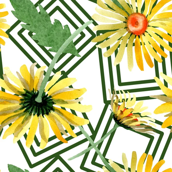 Gul tusensköna blommig botaniska blommor. Akvarell bakgrund illustration set. Sömlös bakgrundsmönster. — Stockfoto
