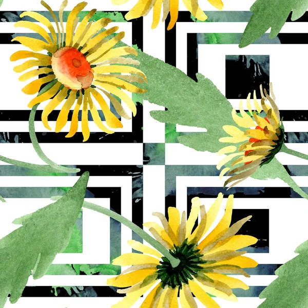 Fiori botanici floreali margherita gialla. Acquerello sfondo illustrazione set. Modello di sfondo senza soluzione di continuità . — Foto Stock