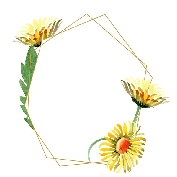 Gul tusensköna blommig botaniska blommor. Akvarell bakgrund illustration set. Ram gränsen crystal prydnad square. — Stockfoto
